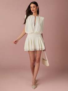 Enchnt 春夏浪漫女士白色荷叶边下摆无袖迷你连衣裙，甜美优雅，适合度假、约会、节日、派对、毕业典礼和婚礼宾客，女士夏装，女士太阳裙，夏装 - 杏色 - 查看 1