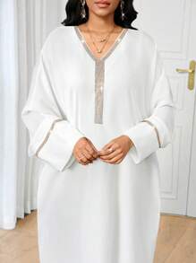 SHEIN Lady V-Neck Gold Hot Diamond Details Black Modest Dress - White - View 5