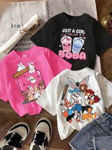 SHEIN Tricouri casual, minimaliste, cu model de desene animate, mai multe piese, potrivite pentru vară