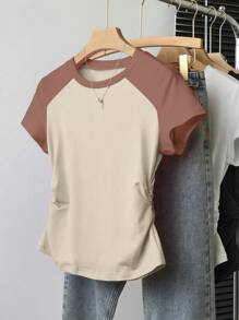 Teen Girl Casual Color Block Short Sleeve T-Shirt, Versatile & Minimalist - Multicolor - View 3