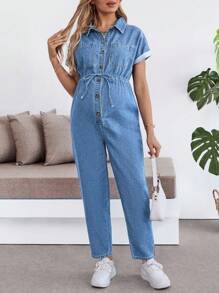 SHEIN Maternity Blue Denim Jumpsuit - Light Wash - View 5