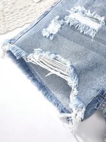 SHEIN Tween Girl Y2K Spring Summer Break Solid Washed High Waist Ripped Raw Hem Denim Jeans Shorts, Summer Beach Boho Vacation Shorts , Summer Concert Festival Casual Rave - Medium Wash - View 3