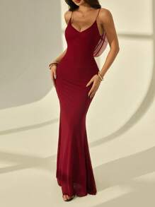 SHEIN PETITE Valentine's Day Burgundy Romantic Date Party Spaghetti Strap Bodycon Backless V-Neck Long Mesh Women Dress,Summer Dresses Spring Clothes,Graduation Dresses - Burgundy - View 5