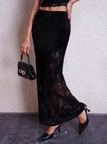 SHEIN Clasi Black Satin Splice Lace Mermaid Hem Skirt Party Skirt Graduation Skirt