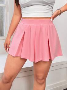 SHEIN EZwear 大码纯色休闲简约夏季新款运动迷你短裙，夏季/春季，春假 - 粉色 - 查看 3
