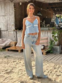 Jouncy 褶皱蕾丝拼布纹理格子吊带背心上衣，清爽可爱，适合春夏