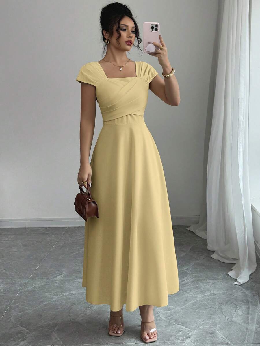 Modelyn Đầm thường ngày cổ vuông màu trơn thanh lịch cho nữ mùa hè - Màu vàng - Xem 1