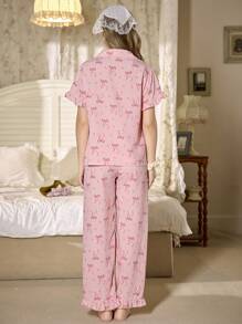 CottageSlumber Pink Bow Heart Print Ruffle Trim Short Sleeve Top And Pants Ladies Pajama Set Holiday Season - Dusty Pink - View 2