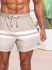 Manfinity Swimmode Men Loose Striped Beach Shorts In Vacation Style Milk Silk Lining,Hawaiian - Khaki - View 3