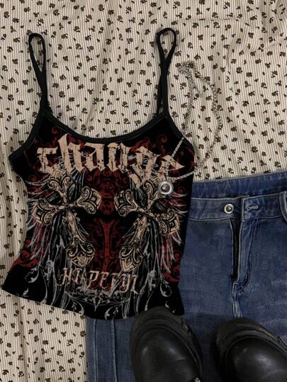 Attitoon 音乐节印花女式性感短款细肩带紧身短款上衣，适合夏季