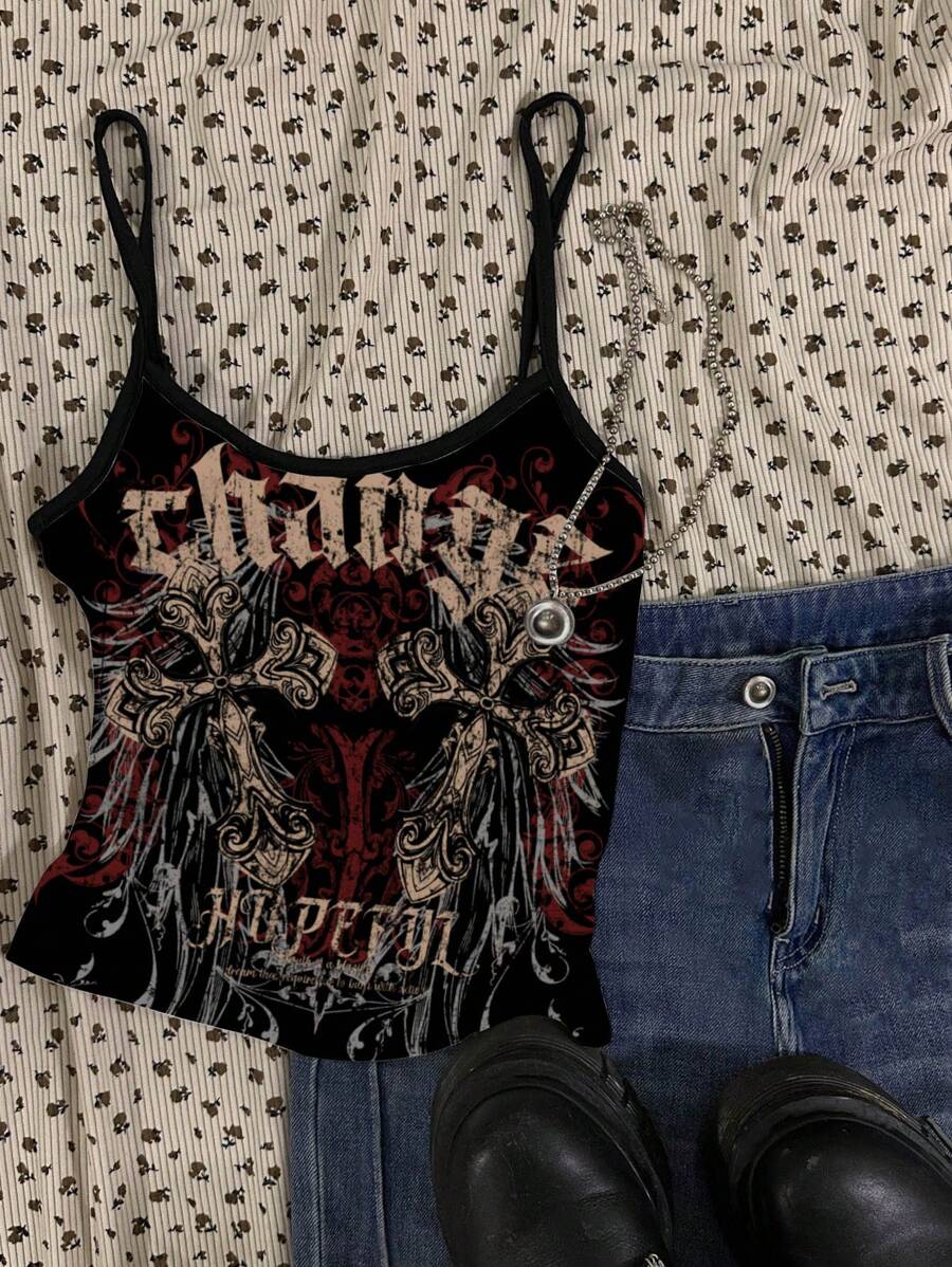 Attitoon 音乐节印花女式性感短款细肩带紧身短款上衣，适合夏季 - 彩色 - 查看 1