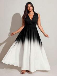 Viva Relle Plus-Size Women's Elegant Gradient Color Slimming Sleeveless Halter Long Dress - Black and White - View 7