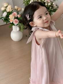 DAZY Baby Girl Bowknot Bandage Mesh Summer Elegant Sleeveless Dress - Dusty Pink - View 4