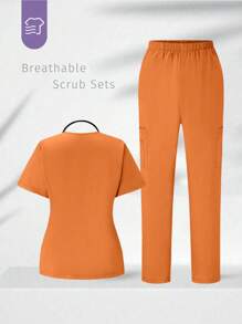 TaskEZ Set de uniforme de scrubs de unicolor con top de manga corta y pantalones - Naranja - Ver 2