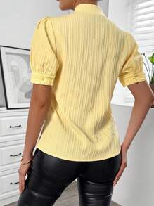 Chiquease Women's Two-Tone Ruffle Trim Textured Fabric Short Puff Sleeve Shirt - Yellow - View 2