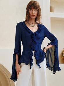 Arave Französische romantische leichte asymmetrische rüschenbesetzte locker sitzende Strickjacke für Damen