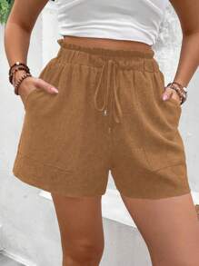 SHEIN LUNE Plus Size Solid Color Fashion Shorts, Suitable For Summer - Brown - View 3