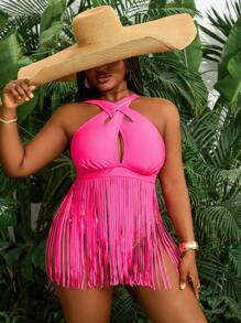 Slaydiva Sexy Halter Fringe Plus Size Bikini Crop Top For Summer Beach Vacation - Hot Pink - View 1