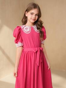 Tween Girl' Casual Contrast Lace Crew Neck Red Party Dress For Formal Occasions & Everyday Wear - Hot Pink - View 3