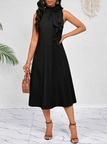 SHEIN Lady 3D Three-Dimensional Flower Ruffles Decorate The Neckline. Orange Mid-Length Dress. Elegant Ladies Loose And Casual. Spring And Summer Vacation. Bohemian. Business Casual Woman - Black - View 6
