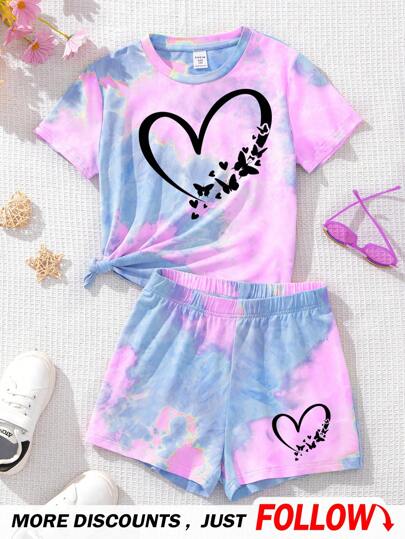 SHEIN Tween Girls Casual Minimalist Short Sleeve Shorts 2 Pieces Set, Suitable For Summer