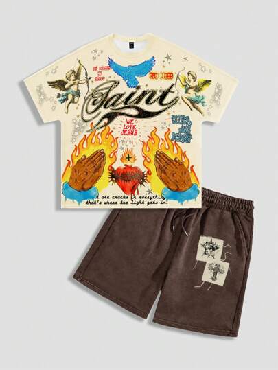Street Life 2pcs Men's Streetwear Y2K Print Short Sleeve T-Shirt And Shorts Set, Suitable For Casual Everyday Wear In Spring/Summer