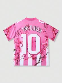 ROMWE MEN Prep 男士球衣足球花卉印花 V 领短袖 T 恤，休闲装，度假装，2000 年代风格 - 粉色 - 查看 5