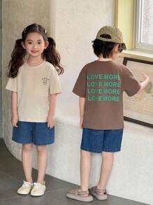 2 pièces/set T-shirt ample et imprimé de lettres avec shorts en jean de style coréen. Tenue d'été mode et décontractée pour les filles - Nude - Voir 3