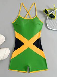Swim SPRTY 女式连体纯色时尚性感拼接修身交叉肩带运动工字背连体泳衣 - 彩色 - 查看 3