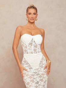 Lumalex 女式蕾丝胸垫腰透视紧身连衣裙 - 白色 - 查看 4