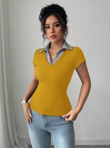 Chiquease Rafferiza 女士奶油黄休闲通勤优雅商务休闲度假舒适成熟优雅性感V领条纹拼接二合一外出上衣黄色罗纹面料高弹修身短袖老钱风格灵气风格春夏T恤 - 黃色 - 查看 4