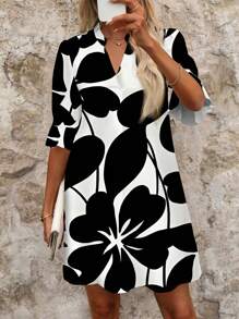 SHEIN Clasi Vestido corto y elegante de mujer con estampado floral negro sobre base blanca, apropiado para el verano