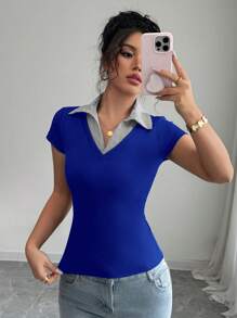 Chiquease Rafferiza 女士休闲通勤优雅商务休闲度假舒适成熟优雅性感V领条纹拼接二合一蓝色罗纹面料高弹修身短袖春夏T恤 - 藏蓝色 - 查看 8