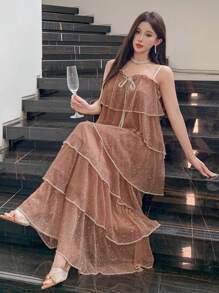 DAZY Women's Multi-Layered Contrast Color Ruffle Hem Bow Patchwork A-Line Maxi Casual Dress, Suitable For Holiday, Beach, Music Festival, Graduation Ceremony