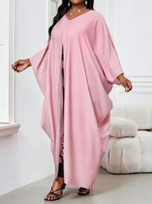SHEIN Lady Vestido largo de túnica con mangas de murciélago abiertas, escote en V, pliegues y falda con abertura, en colores bohemios, casual y elegante, para primavera y verano, adecuado para pasear, playa u ocasiones casuales, tallas grandes, conjunto de 2 piezas para vacaciones