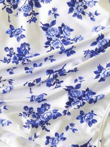 SHEIN Tween Girls Flower Print Tankini Swimsuit With Coverup Set - Blue and White - View 4