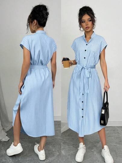 Selianne Romantic Elegant Graduation Concert Outfit Business Casual Old Money Style Anouk Yve Aura Quiet Style Commuter Blue Striped Shirt Dress Short Sleeves Pocket Bow Slits 2025 Spring And Summer Vacation And Leisure Home New Long Dress
