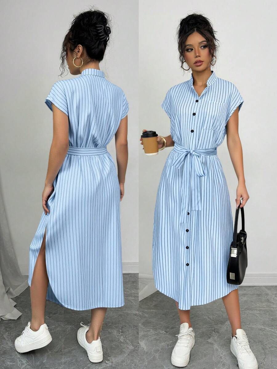 Selianne Romantic Elegant Graduation Concert Outfit Business Casual Old Money Style Anouk Yve Aura Quiet Style Commuter Blue Striped Shirt Dress Short Sleeves Pocket Bow Slits 2025 Spring And Summer Vacation And Leisure Home New Long Dress - Blue - View 1