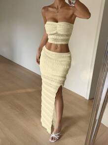 SHEIN Unity Váy ren trắng xẻ tà, bộ 2 món phong cách Boho Beach thường ngày/gợi cảm/ngày lễ dành cho nữ, xuân/hè - Màu vàng - Xem 3