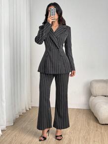 Modelyn Bộ 3 bộ vest ống rộng màu xanh nhạt dành cho nữ, trang phục sọc giản dị thanh lịch - màu đen - Xem 4
