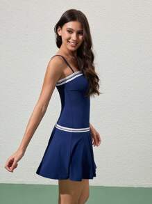 Gameset SHEIN Sport Women's Dual Color Printed Elastic Suspender Adjustable Tennis Casual Slip Resistant Two Pieces A-Line Dress, All Season - Navy Blue - View 5