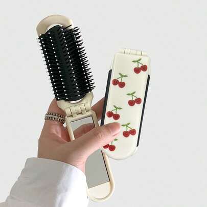 ROMWE Kawaii 1pc Cherry Smile Back To School Print Folding Hair Comb With Mirror, Portable All-In-One Styling Tool