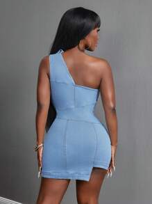 Slaydiva 女式无袖单排扣半开襟修身性感牛仔连衣裙 - 淺色水洗藍 - 查看 3