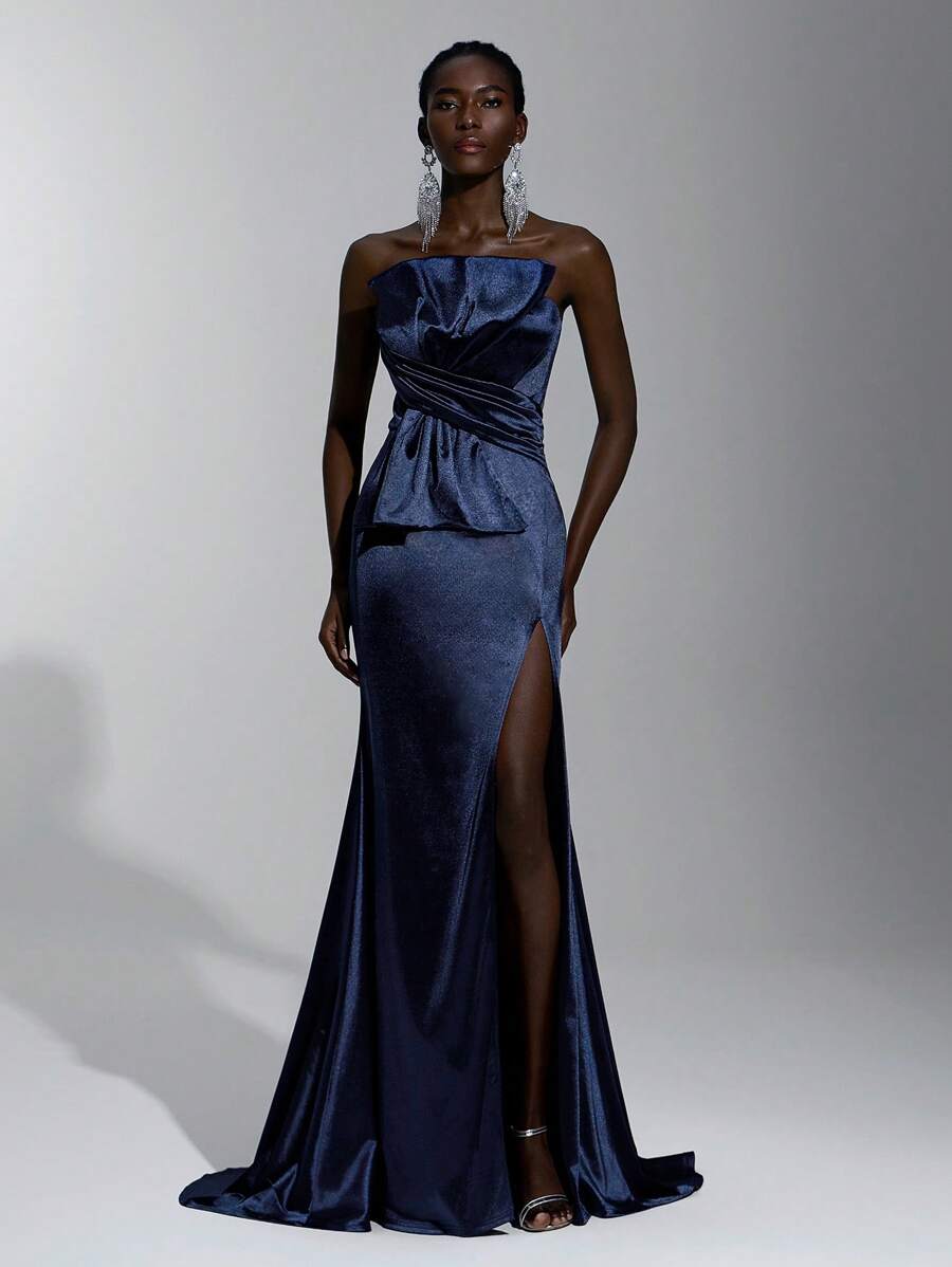 SHEIN Belle Elegantes dunkelblau schimmerndes Stretch-Satinkleid mit trägerlosen Ausschnitt, Oversized Rüschendetail, hohem Seitenschlitz, geeignet für Dates, Urlaub, Hochzeiten, formelle Anlässe, Abiball, Abschlussfeier, Party, Abendkleid, Hochzeitsgast