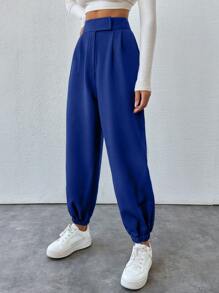 SHEIN PETITE Cone Shaped Women Suit Pants With Detailed Waist - Royal Blue - View 5
