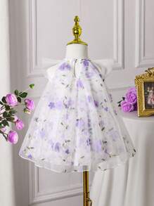 Baby Girl Sweet 3D Embroidery Mesh Ruffle Cap Sleeve Princess Dress - Mauve Purple - View 2