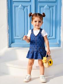 Baby Girl Heart Print Ruffle Hem Strap Denim Dress,Aqua Blue,Summer,Cute,Vacation,Fashionable Casual Street Style Heart Embroidery Blue Denim Dress - Blue - View 7