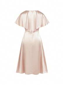 Ellevyn Women's Elegant Champagne Satin Midi Dress With V Neck And Cap Sleeves For Special Occasions - Champagne - View 2