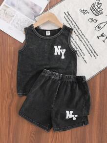 SHEIN Playful Pals 2pcs/Set Young Boys Round Neck Sleeveless Graphic Letter Print Tank Top & Elastic Waist Shorts Sports Outfit, Soft Cotton Casual Summer Tracksuit Summer Holiday