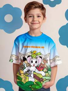 Kimba The White Lion X SHEIN Young Boy Summer Casual Animal Print Crew Neck Short Sleeve T-Shirt